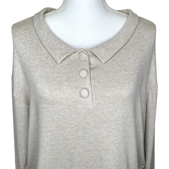 Lesjour! Heathered Oatmeal The Henley Ecovera Button Collar Long Sleeve Polo Top - Picture 8 of 11